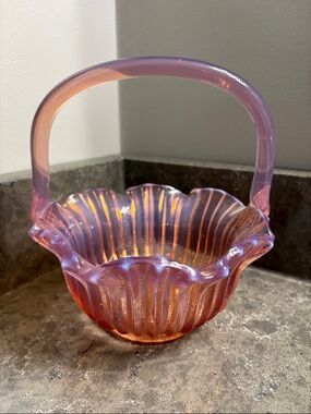 Vintage Le Smith Pink Opalescent Glass Basket with Ruffled Rim and Handle